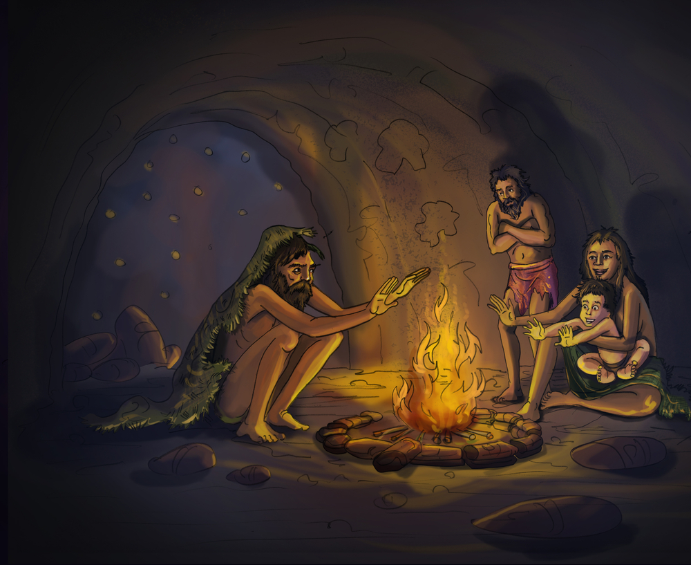 Cave people warming themselves by a fire