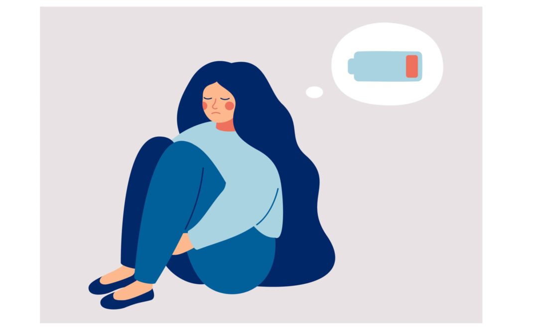 cartoon image of tired woman with thought bubble showing low battery