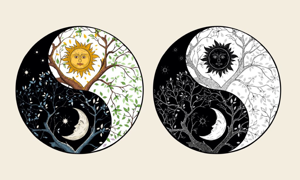 Lovely depiction of yin/yang symbols showing the balance of night and day, darkness and light.  The artist has shown a moon over tree branches at night in the yin section and a sun over the tree in daylight in the yang element.  